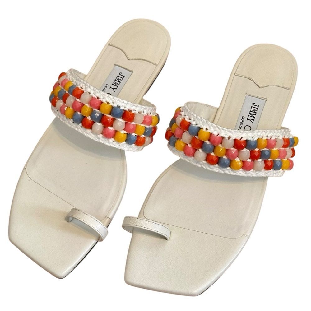 Jimmy Choo White Leather Beaded Slide Sandals with Multicolor Beads